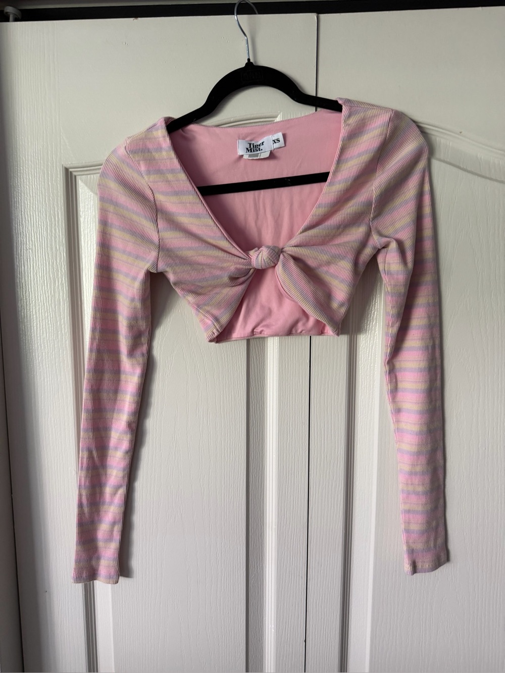 Tiger Mist Pink Striped Tie-Front Cropped Top
